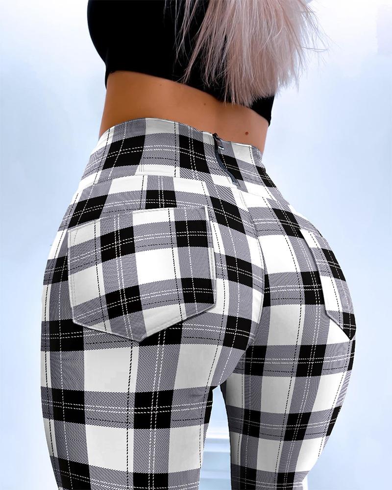 

Plaid Print Zip Back Pocket Design High Waist Pants, Black&white