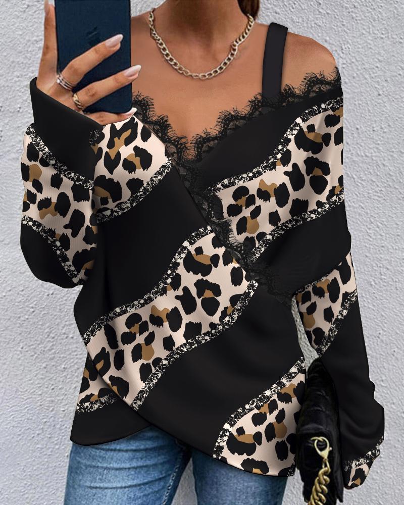 

Leopard Print Contrast Lace Cold Shoulder Wrap Top
