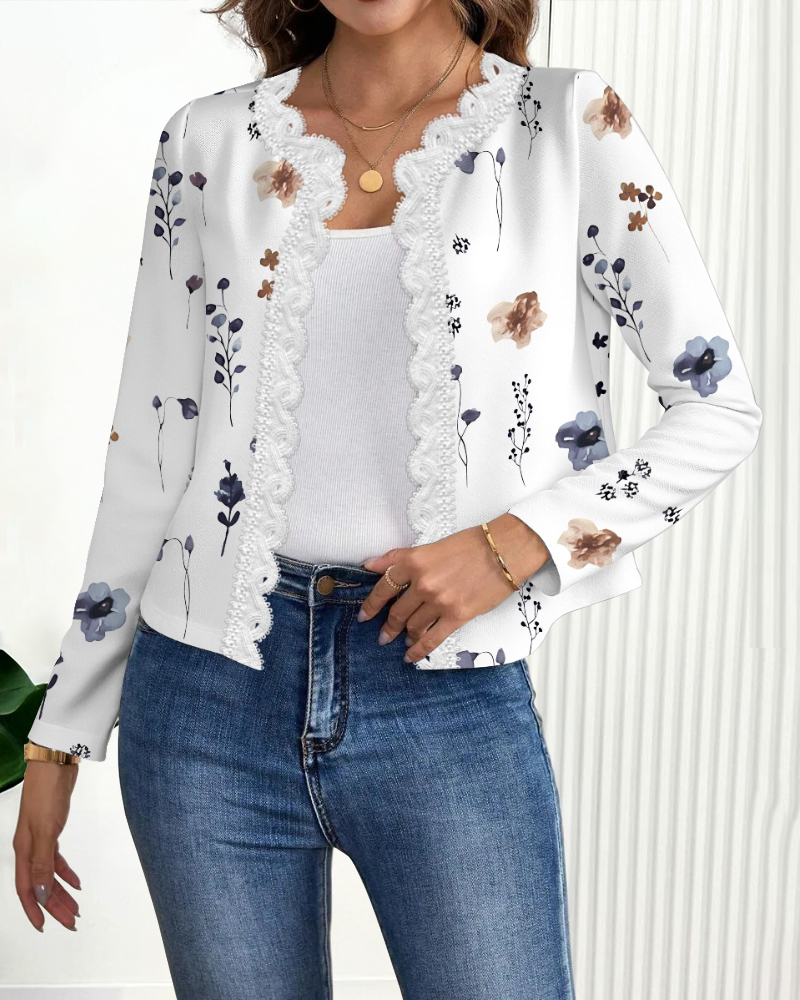 

Floral Print Open Front Long Sleeve Casual Contrast Lace Short Cardigan, White