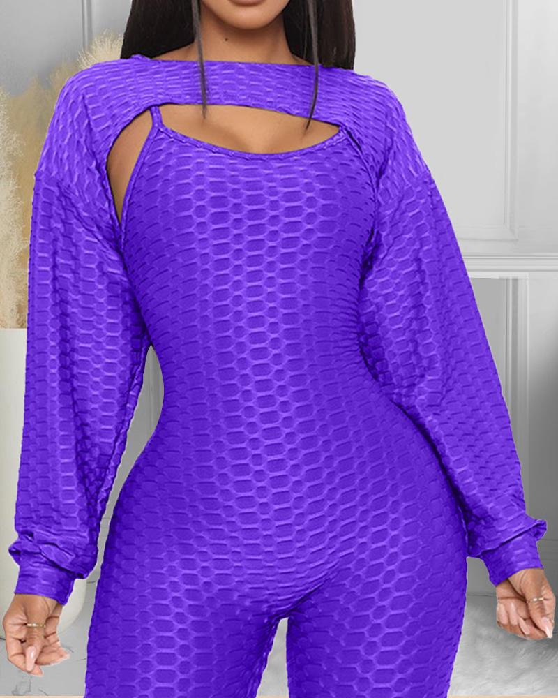 

Textured Lantern Sleeve Top & Spaghetti Strap Jumpsuit Set, Purple