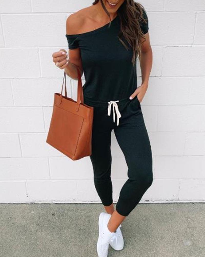 

Pocket Detail Drawstring Waist Casual Jumpsuit, Black