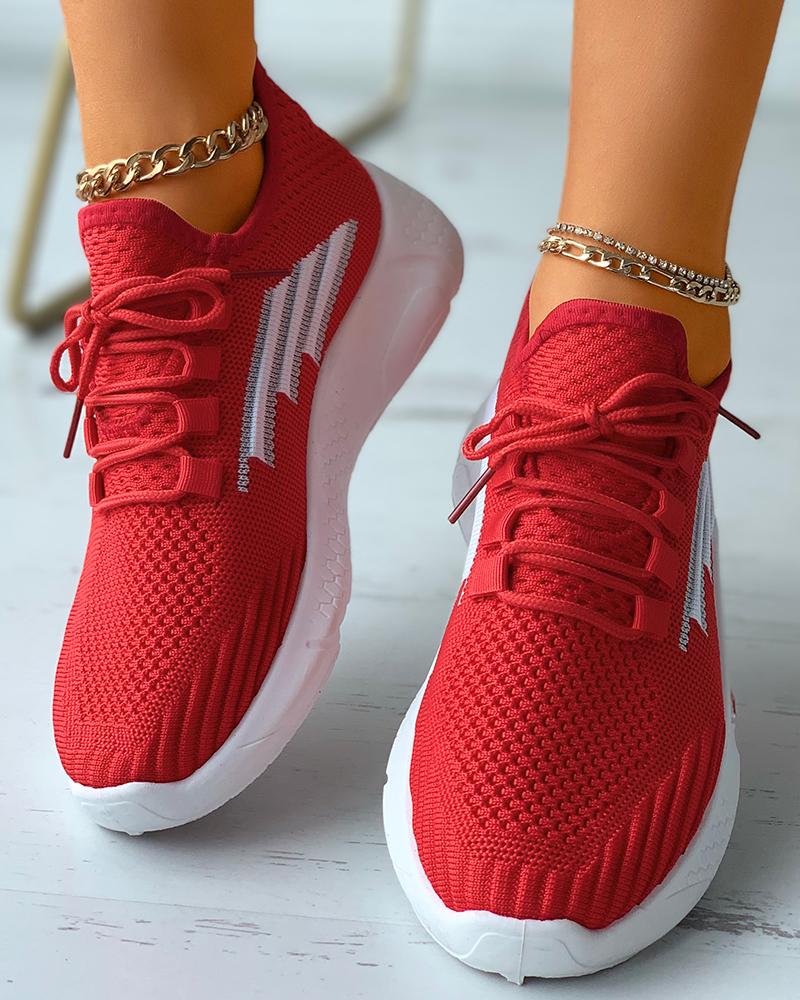 

Lace-up Knit Striped Colorblock Breathable Sneakers, Red