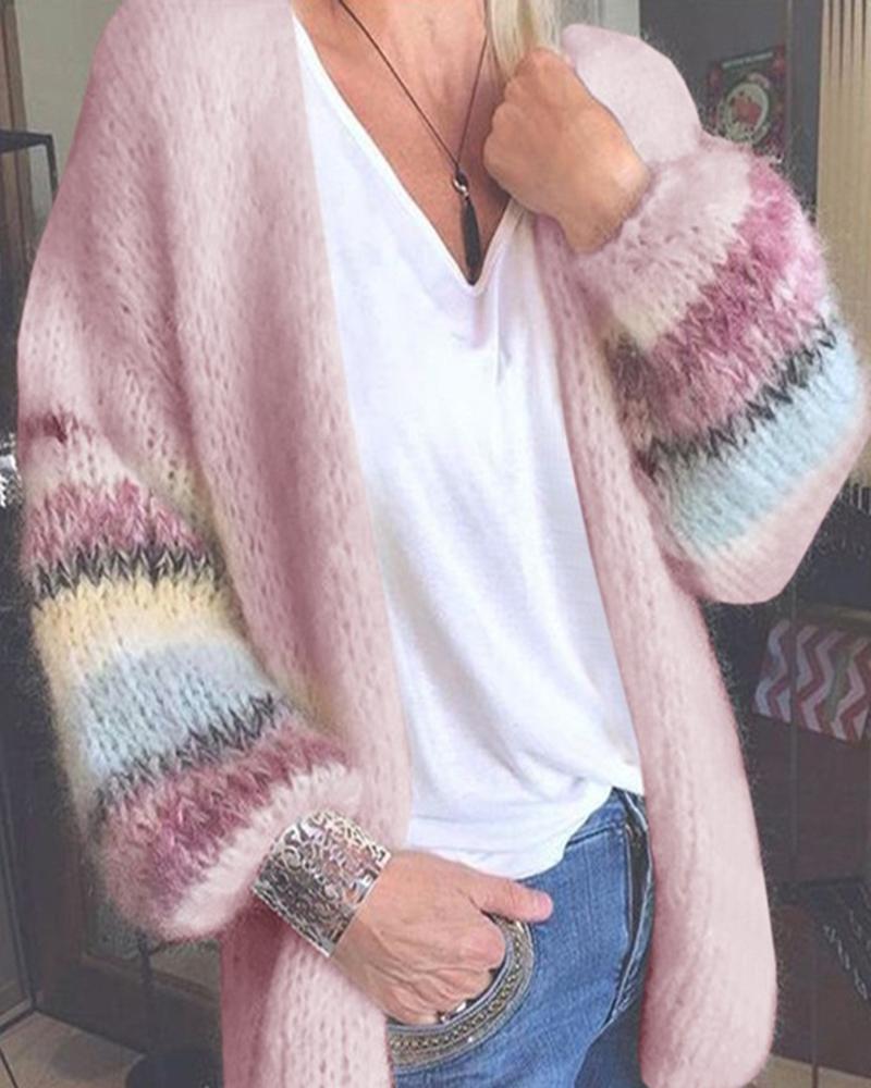 

Knit Colorblock Striped Print Lantern Sleeve Cardigan, Pink
