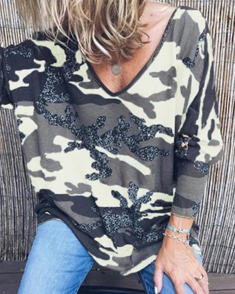 

V Neck Camouflage Print Top, White
