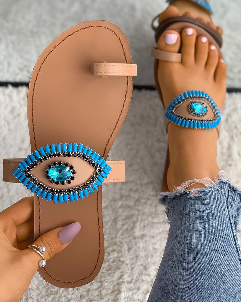 

Rhinestone Eye Pattern Toe Ring Slipper, Brown