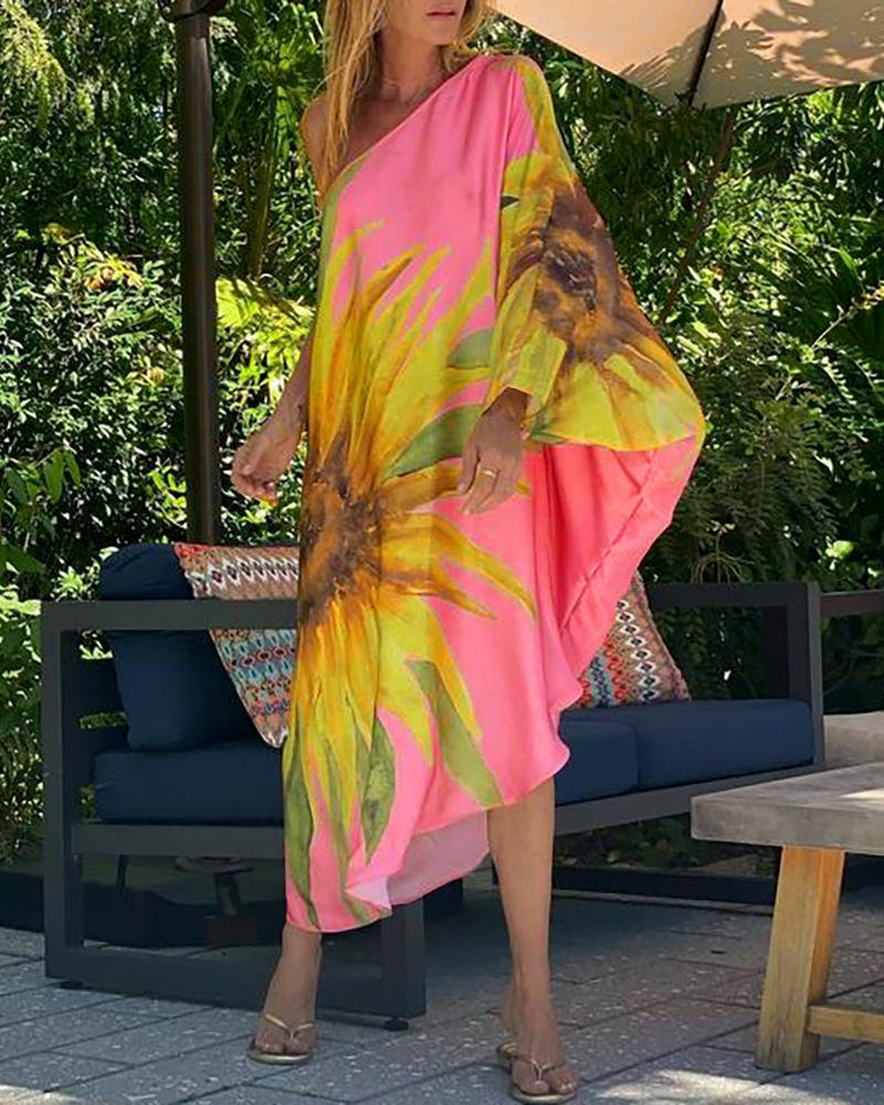

Sunflower Print One Shoulder Asymmetrical Maxi Dress, Pink