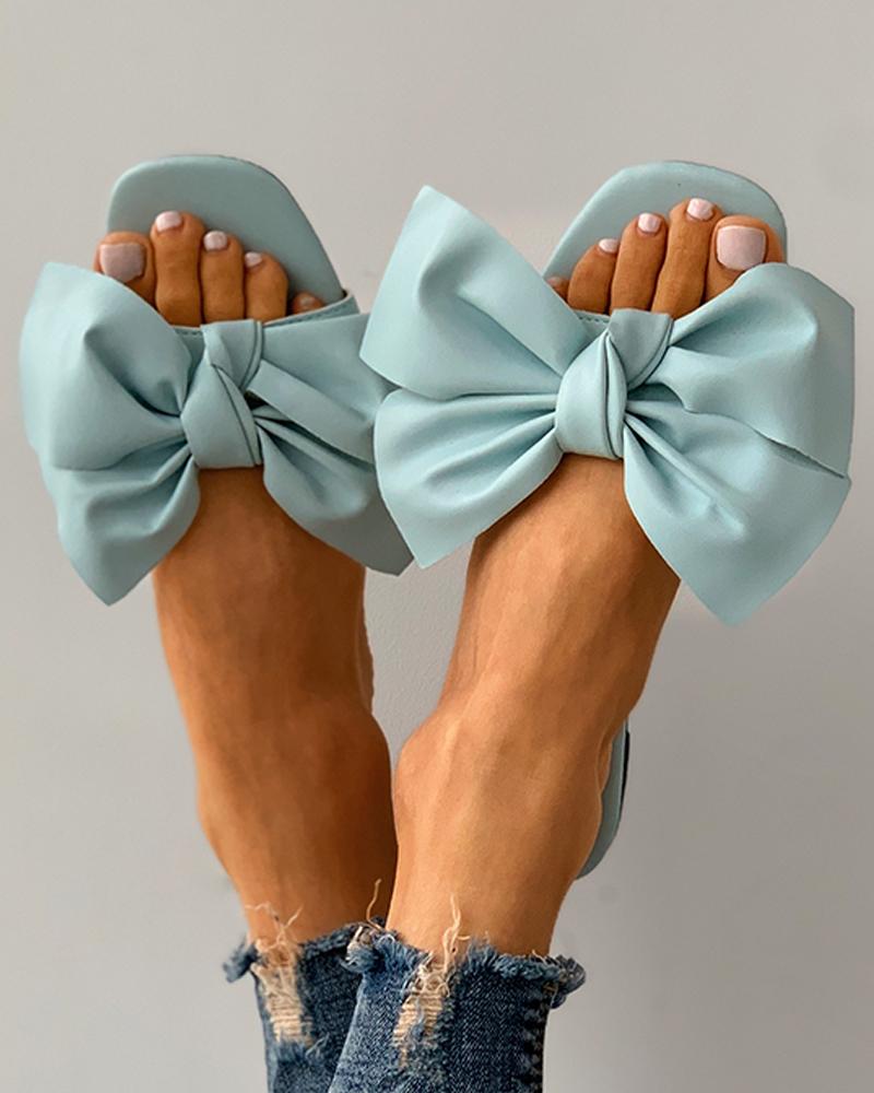 

Bowknot Decor Square Toe Flat Sandals, Lighted blue