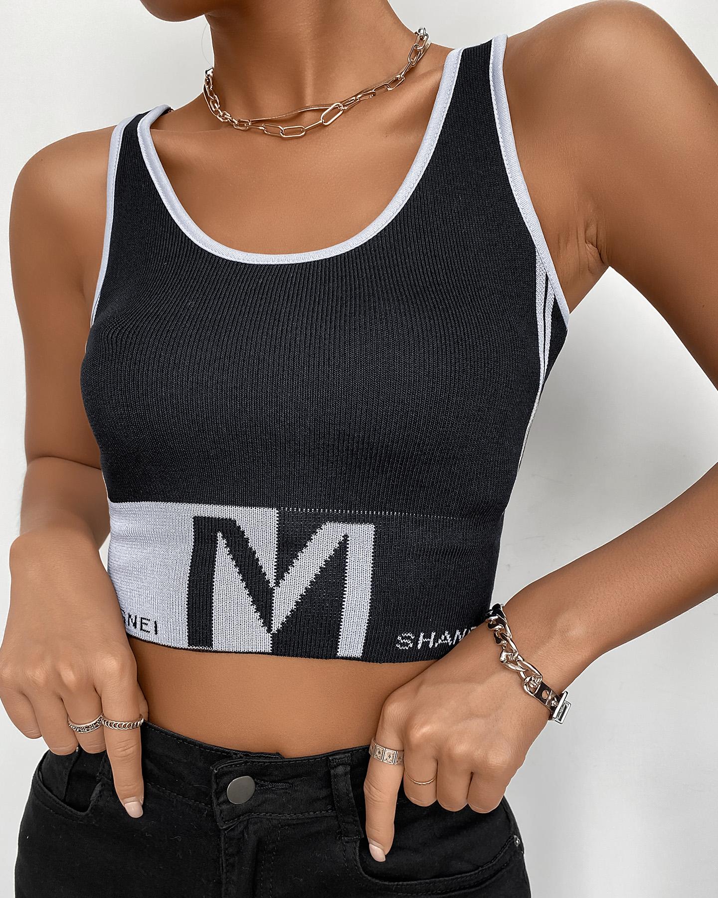 

Letter Pattern Colorblock Contrast Binding Crop Top, Black