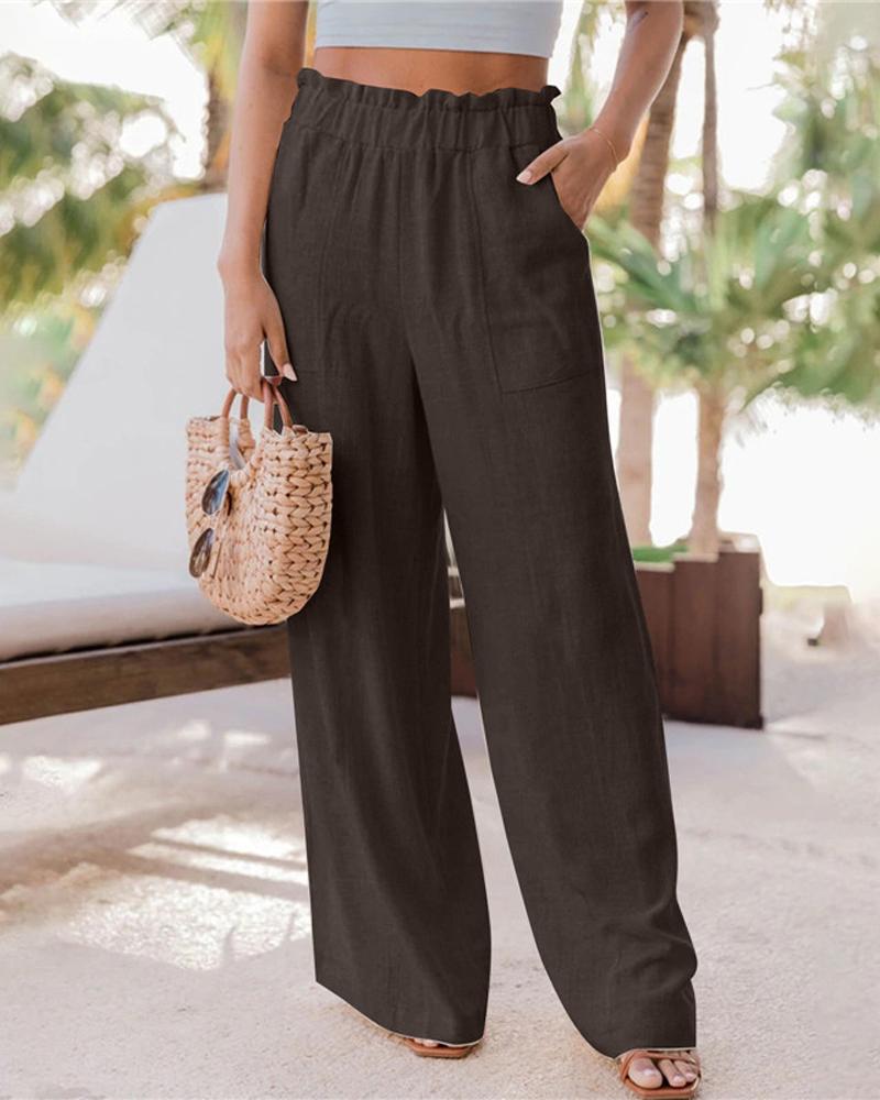 

Patch Pocket Frill Hem High Waist Pants, Brown