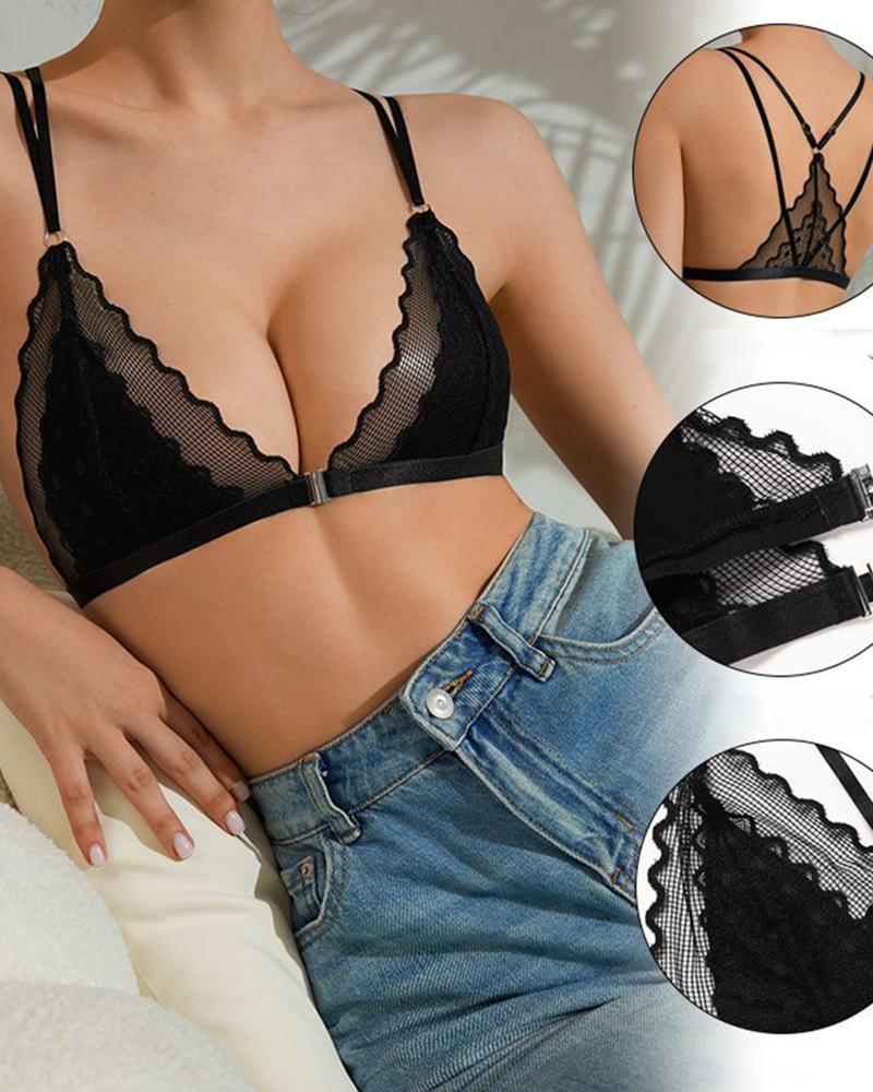 

Breathable Lace Patch Buckle Front Double Strap Bra, Black