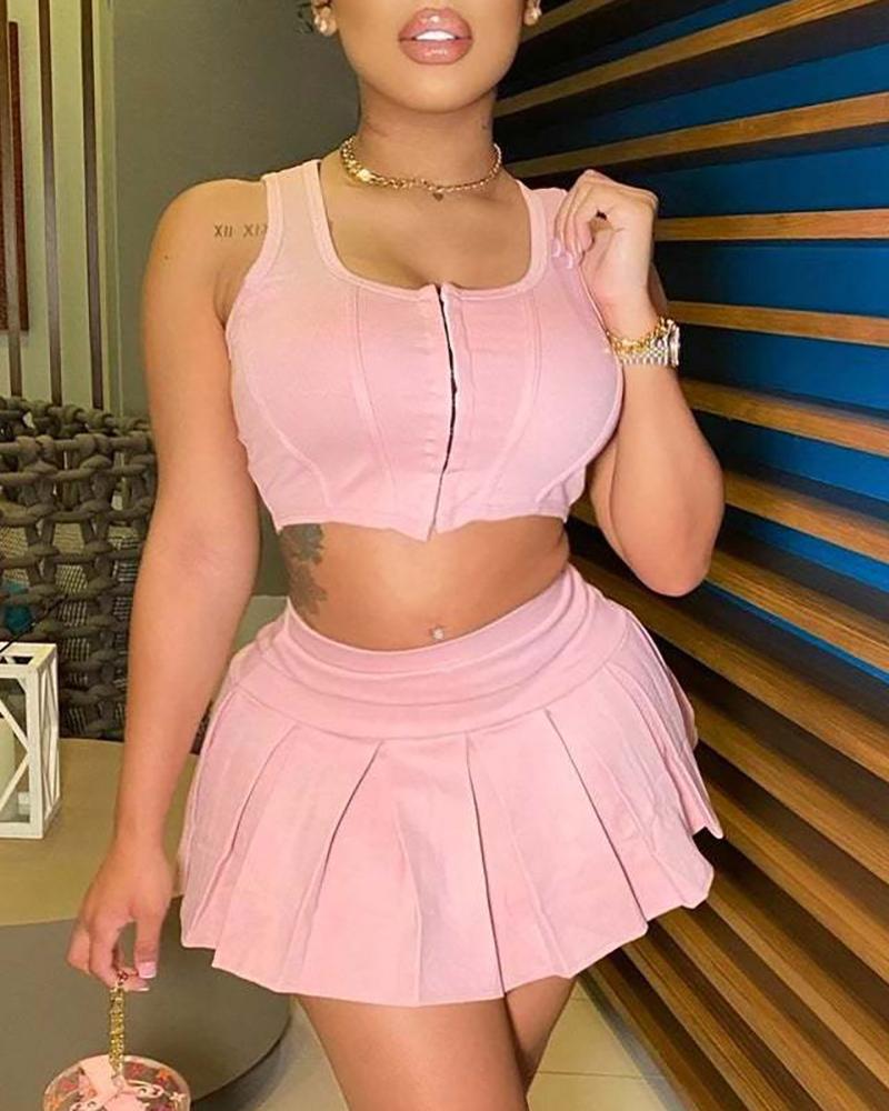 

Zip Front Corset Crop Top & Skirt Sets, Pink