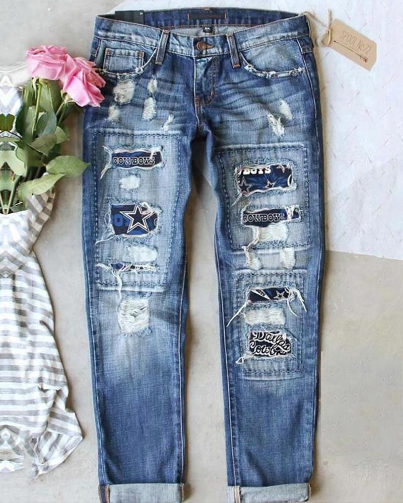

Letter Star Pattern Ripped High Waist Jeans, Blue