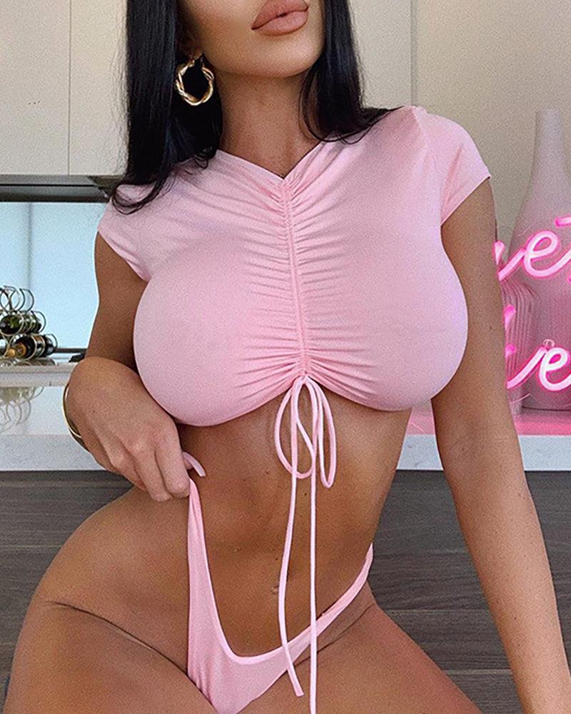 

Plain Short Sleeve Drawstring Bikini Set, Pink