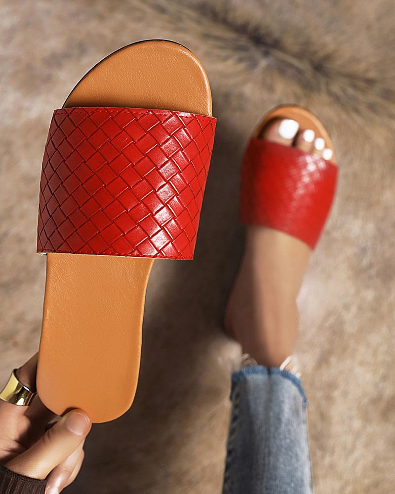

Round-toe Solid Color Weave Flat Slippers, Red