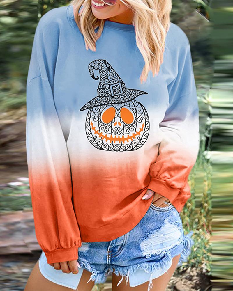 

Halloween Pumpkin Bat Print Gradient Color Top, Style2