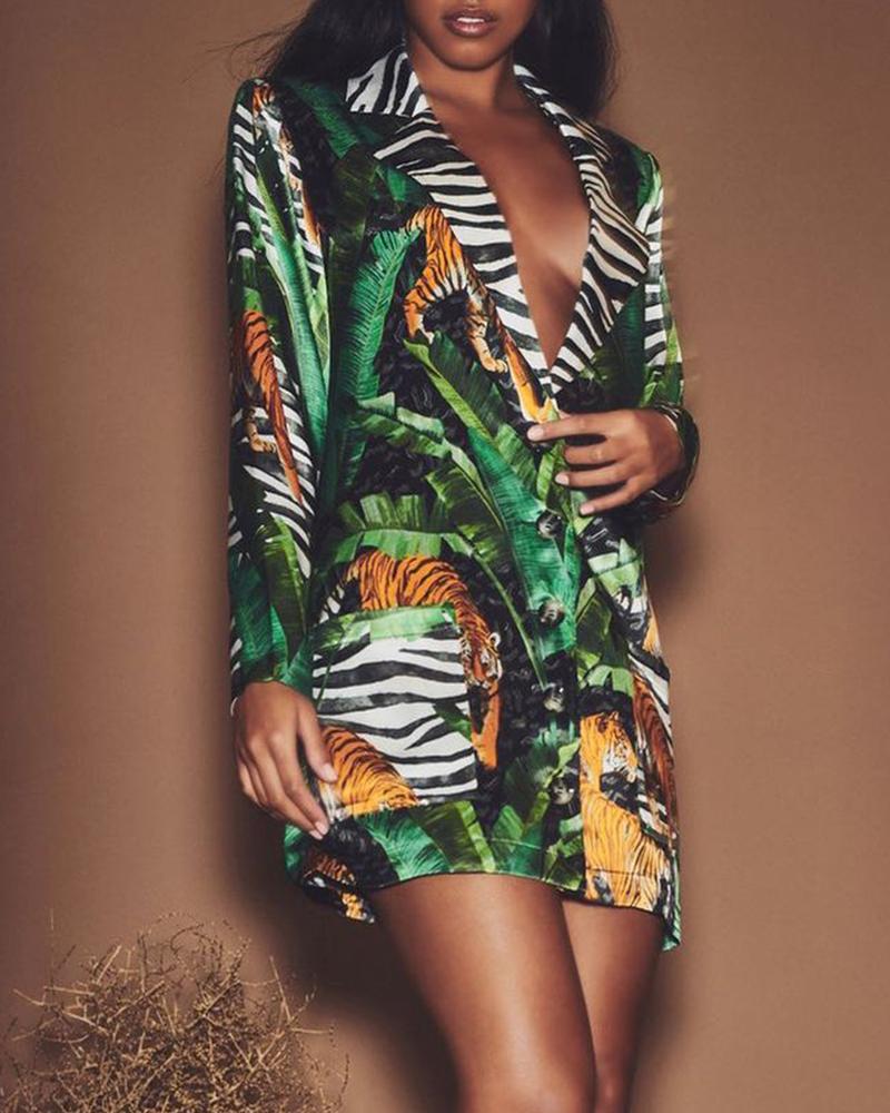 

Tropical Tiger Print Button Front Blazer Coat, Multicolor