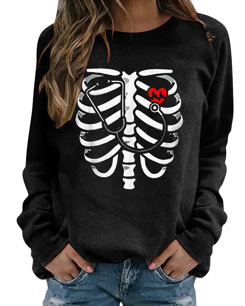 

Halloween Long Sleeve Skeleton Print Top, Black
