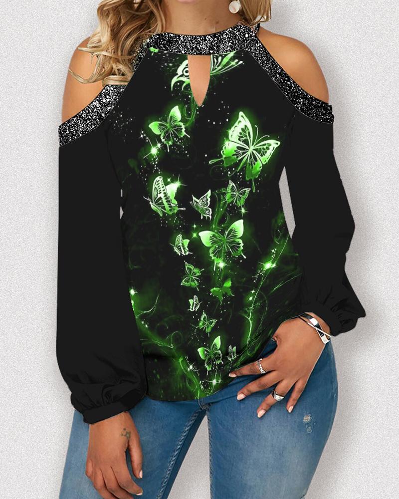 

Cold Shoulder Butterfly Print Top, Light green
