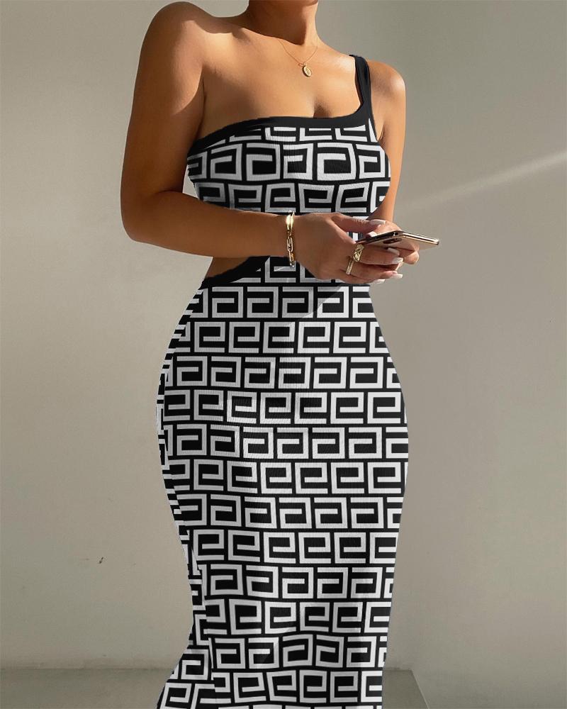 

Geometric Print One Shoulder Cutout Bodycon Dress, White