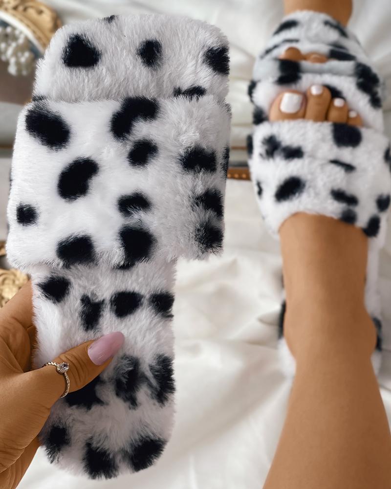 

Plain / Colorblock Square Toe Fluffy Slippers, White