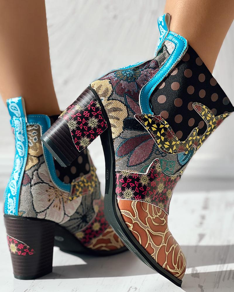 

Floral Pattern Chunky Heel Ankle Boots, Multicolor
