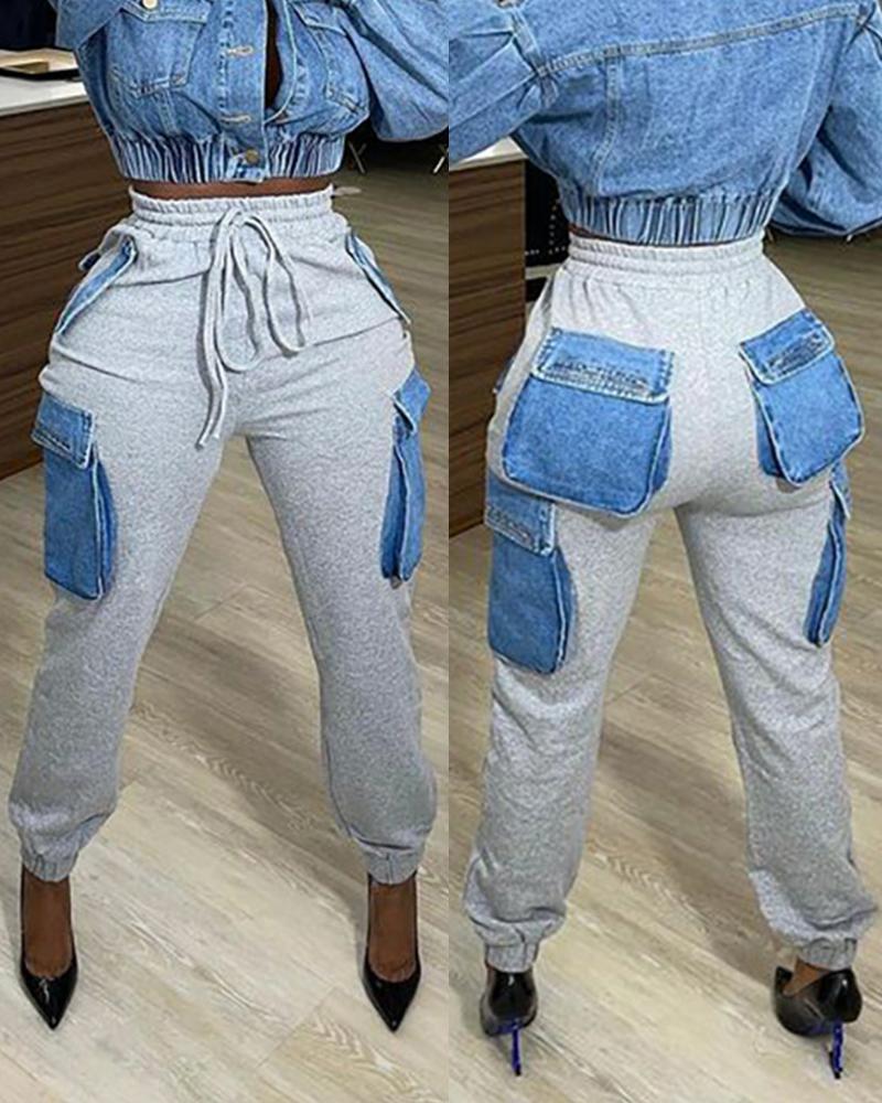 

Drawstring Waist Patched Flap Pocket Cargo Pants, Gray