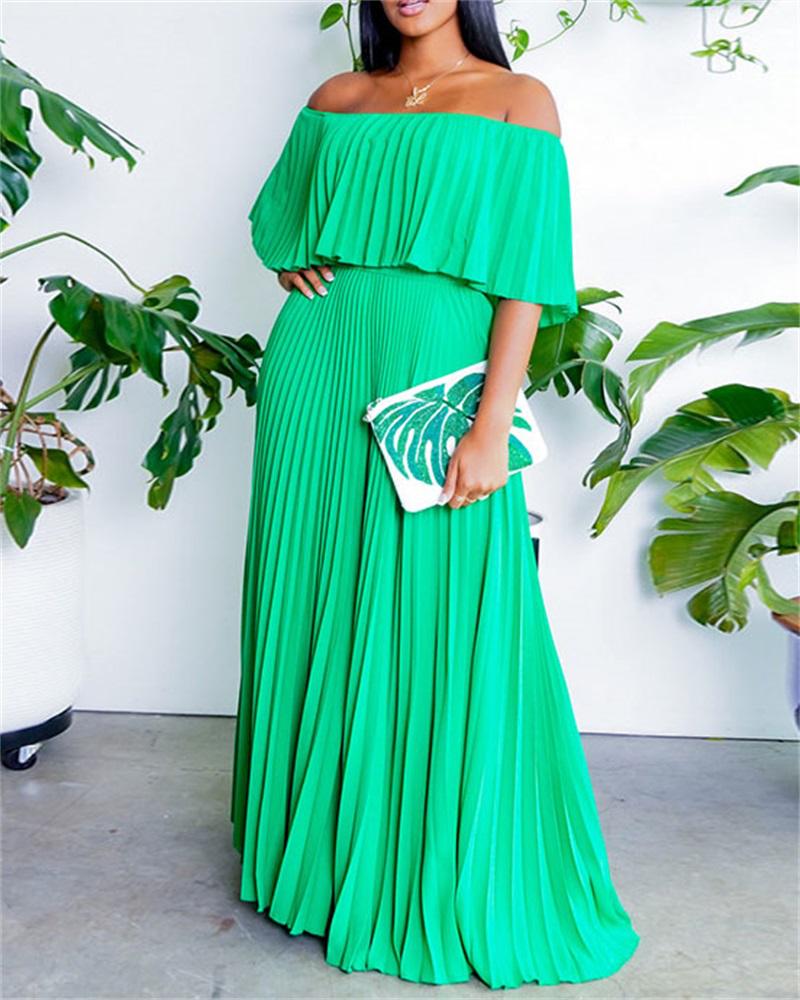 

Off Shoulder Ruffle Hem Pleated Maxi Dress, Green