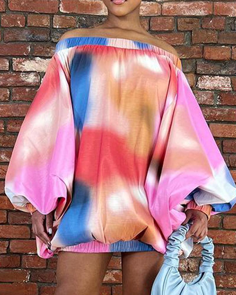 

Tie Dye Print Lantern Sleeve Off Shoulder Casual Dress, Multicolor