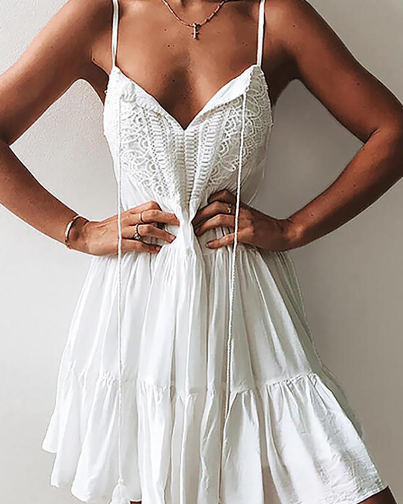 

Crochet Lace Insert Spahgetti Strap Dress, White