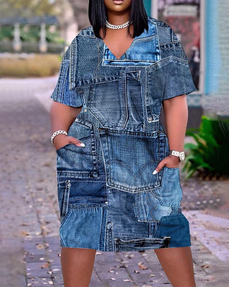 

Plus Size Denim Look Print Pocket Design Casual Dress, Blue