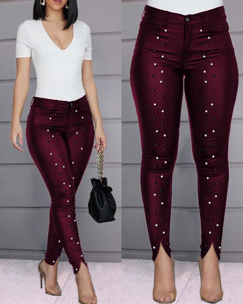 

High Waist Beaded Slit Pant, Wine red
