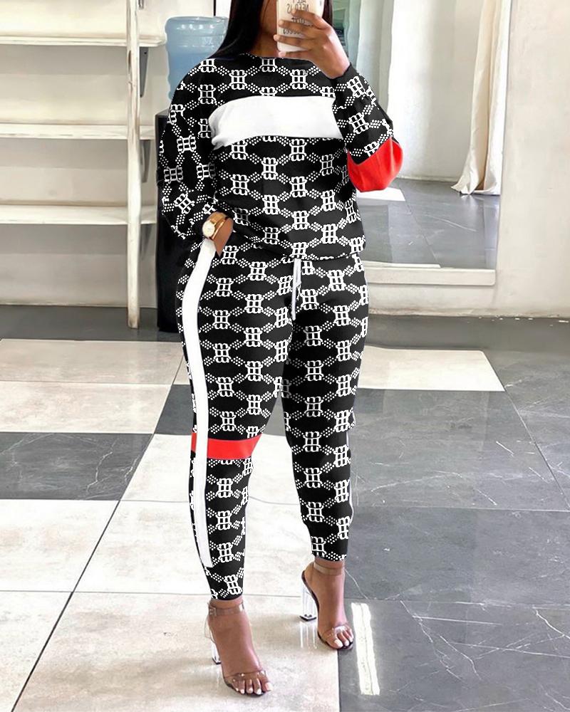 

ChicMe Striped Trim Letter Print Top & Drawstring Pants Set, White