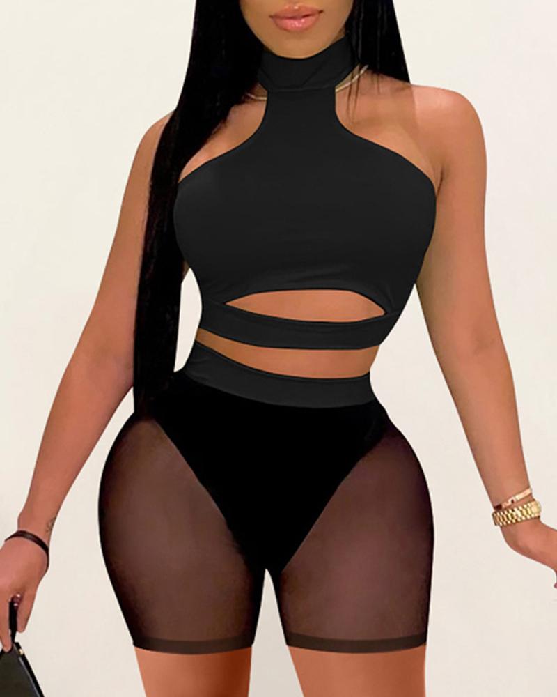 

Cutout Halter Crop Top & Sheer Mesh Shorts Set, Black