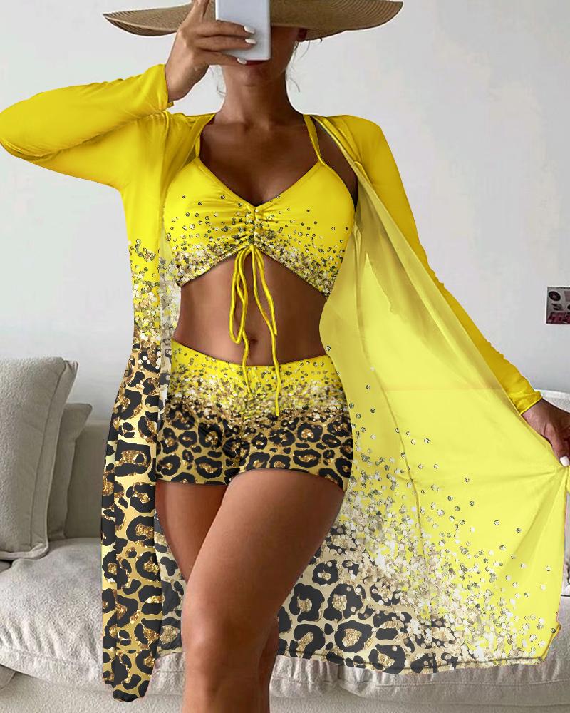 

3PCS Contrast Leopard Print Drawstring Bikini Set With Cover Up, Yellow