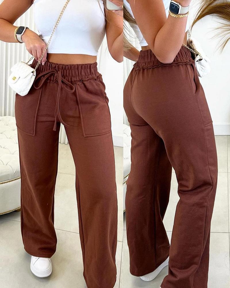 

Drawstring Pocket Design Casual Pants, Brown