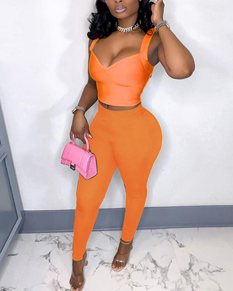 

Candy Color Plain Bodycon Top & Pants Sets, Orange