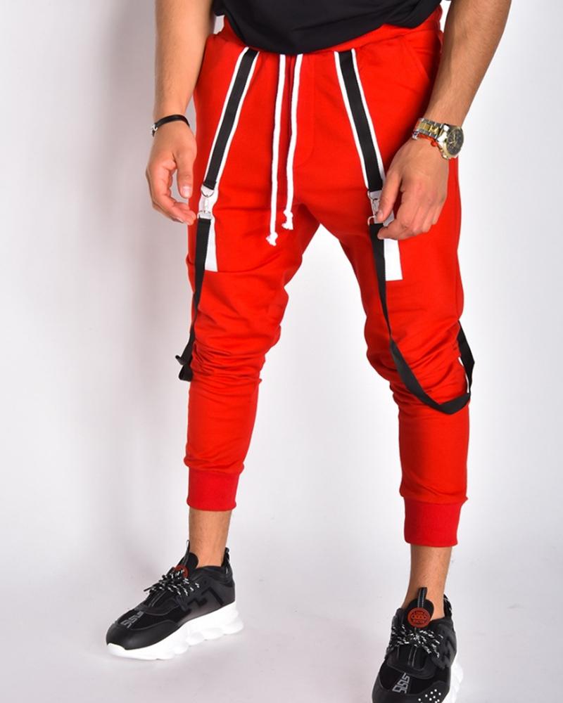 

Solid Color Splicing Straps Jogger Pants, Red