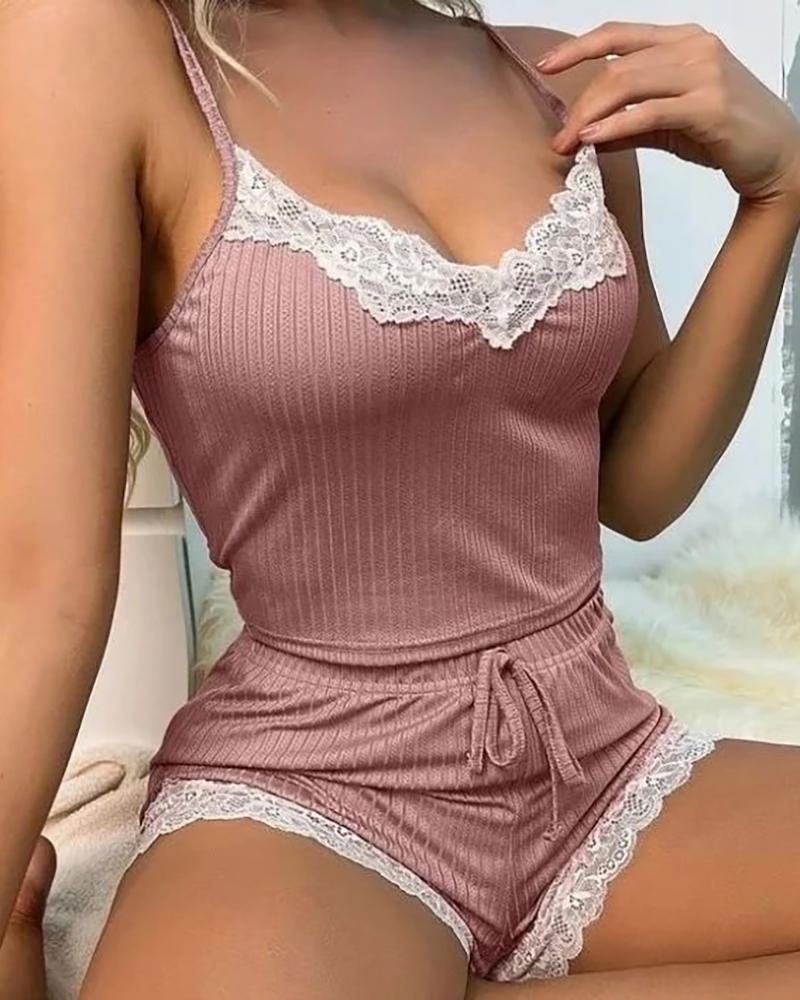 

Crochet Lace Patch Drawstring Cami Set, Pink