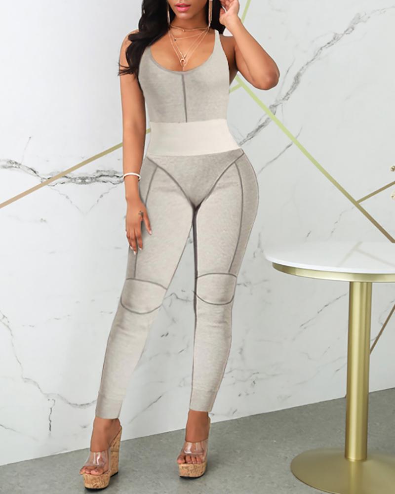 

Contrast Piping Colorblock Fitted Jumpsuit, Gray
