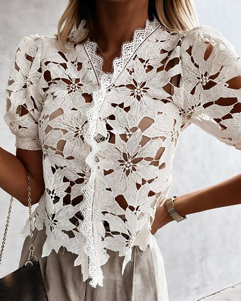

Eyelash Guipure Lace Cutout Puff Sleeve Top, White
