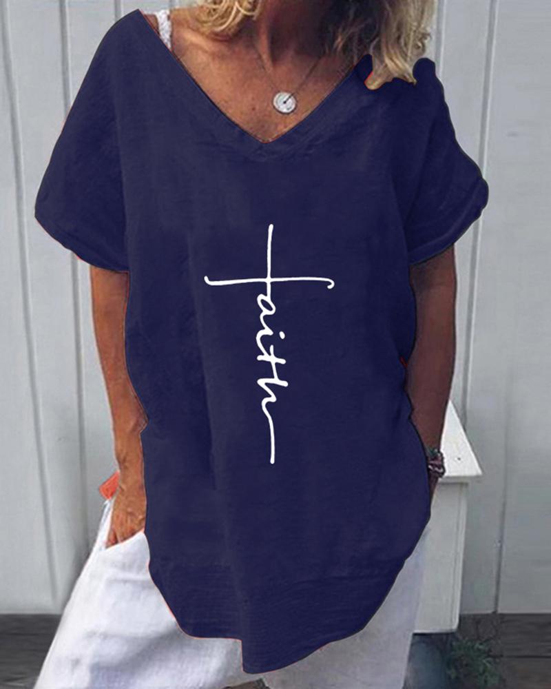 

Handwriting V Neck T-Shirt, Blue