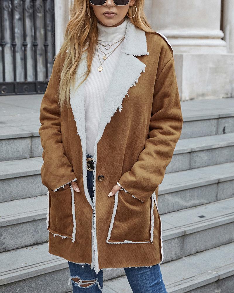 

Long Sleeve Patch Pocket Teddy Lined Coat, Khaki