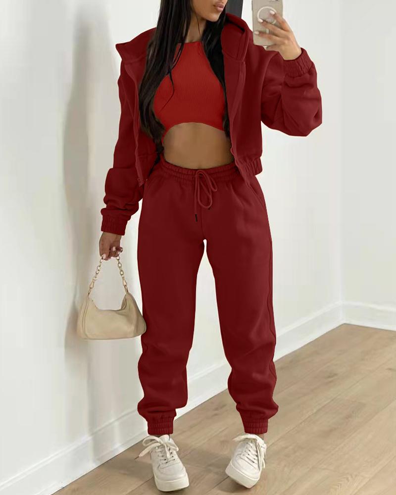 

3PCS Crop Tank Top & Drawstring Pants Set With Coat, Wine red