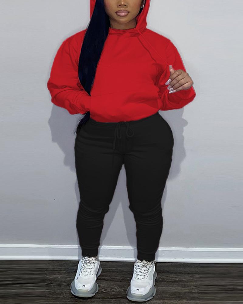 

Plus Size Long Sleeve Drawstring Hoodie & Pants Set, Red