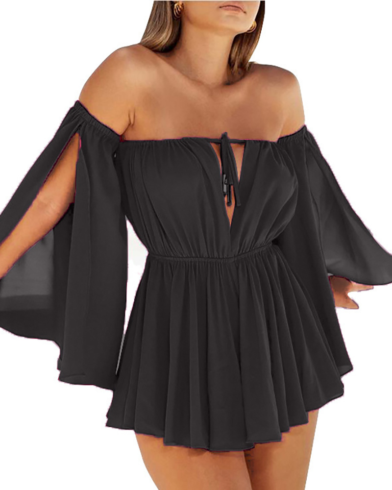 

Off Shoulder Plain Slit Mini Dress, Black