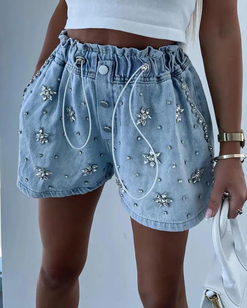

Rhinestone Drawstring Ruched Denim Shorts, Lighted blue