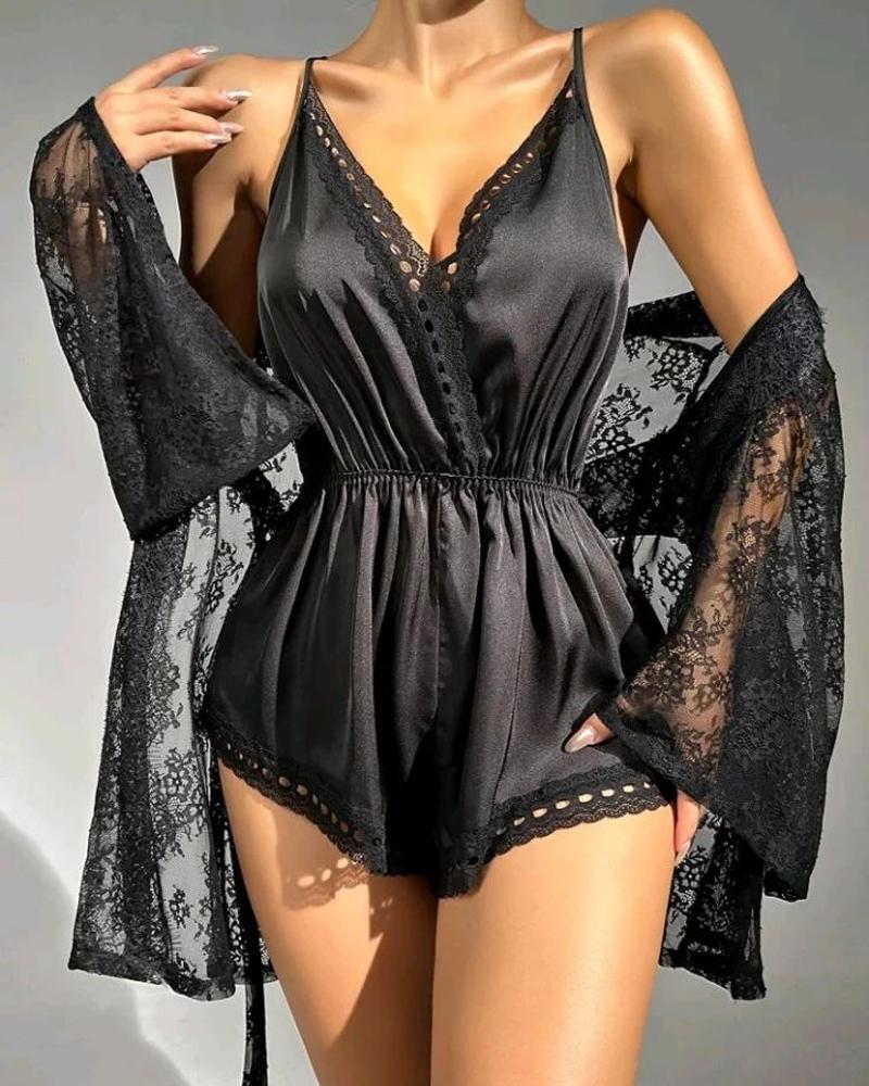 

Crisscross Backless Sleep Onesie With Lace Robe, Black