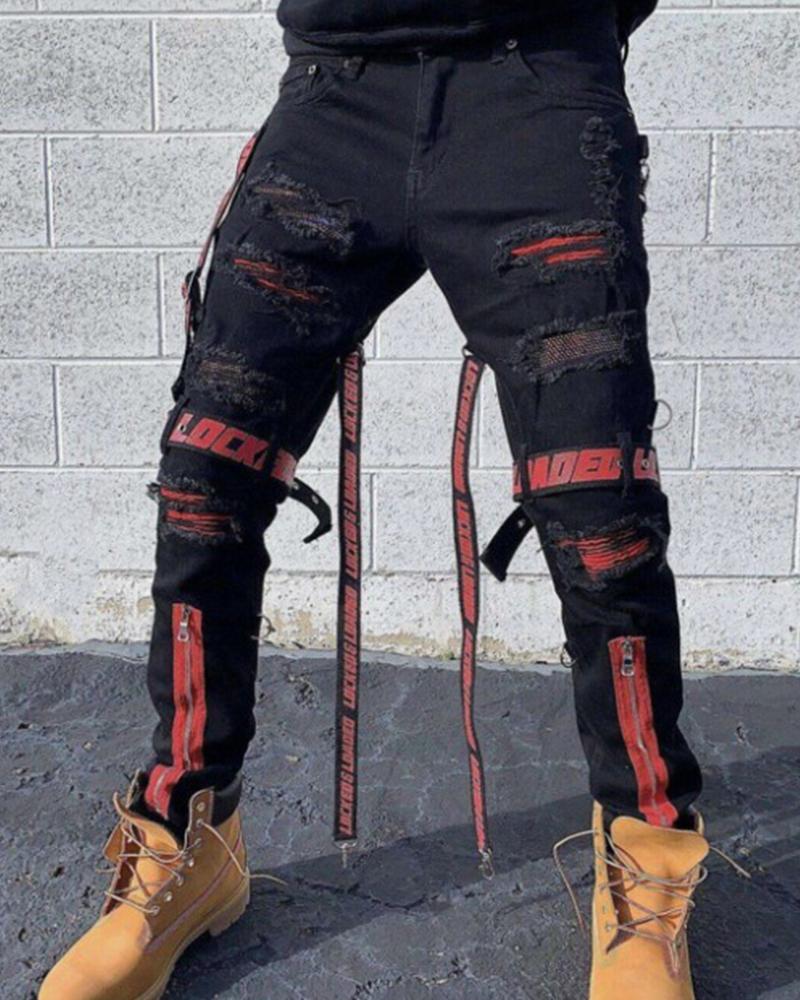 

Solid Color Splicing Letter Strap Print Skinny Pants, Red