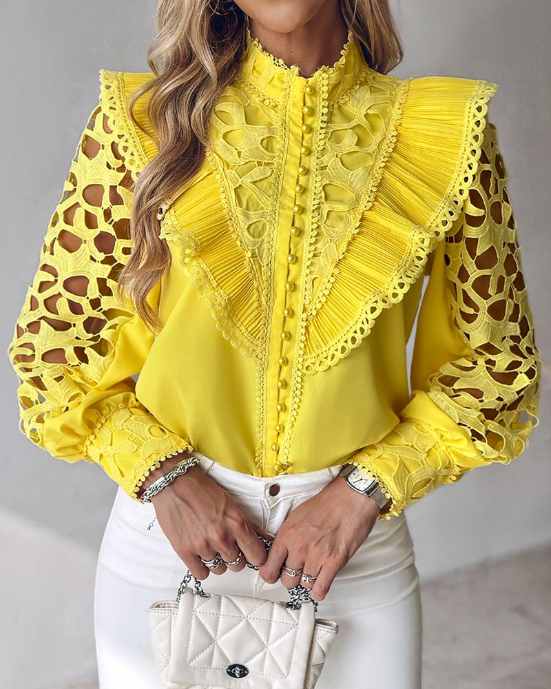 

Contrast Lace Hollow Out Ruffles Top, Yellow