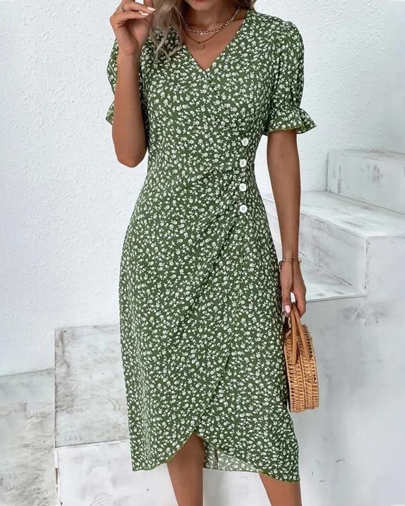 

Ditsy Floral Print Side Buttoned Wrap Dress, Green